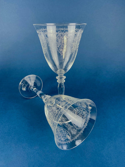 Etched Crystal Large Goblets. Set of 6 Oversized, Wine or Water Glassware. Persian Motif with Lotus. Collectible Stemware. - Tampa Home & Garden Store
