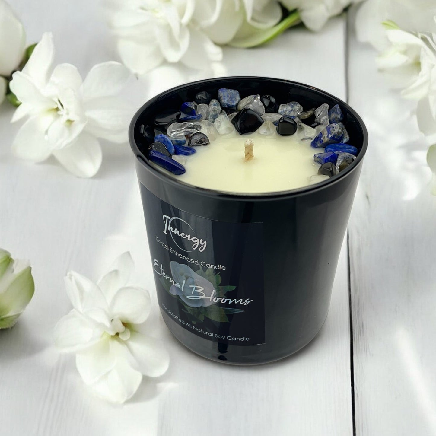 Eternal Blooms Crystal Candle with Black Obsidian, Lapis Lazuli, and Crystal Quartz | Coconut-Soy Wax Candle, 9oz - Tampa Home & Garden Store
