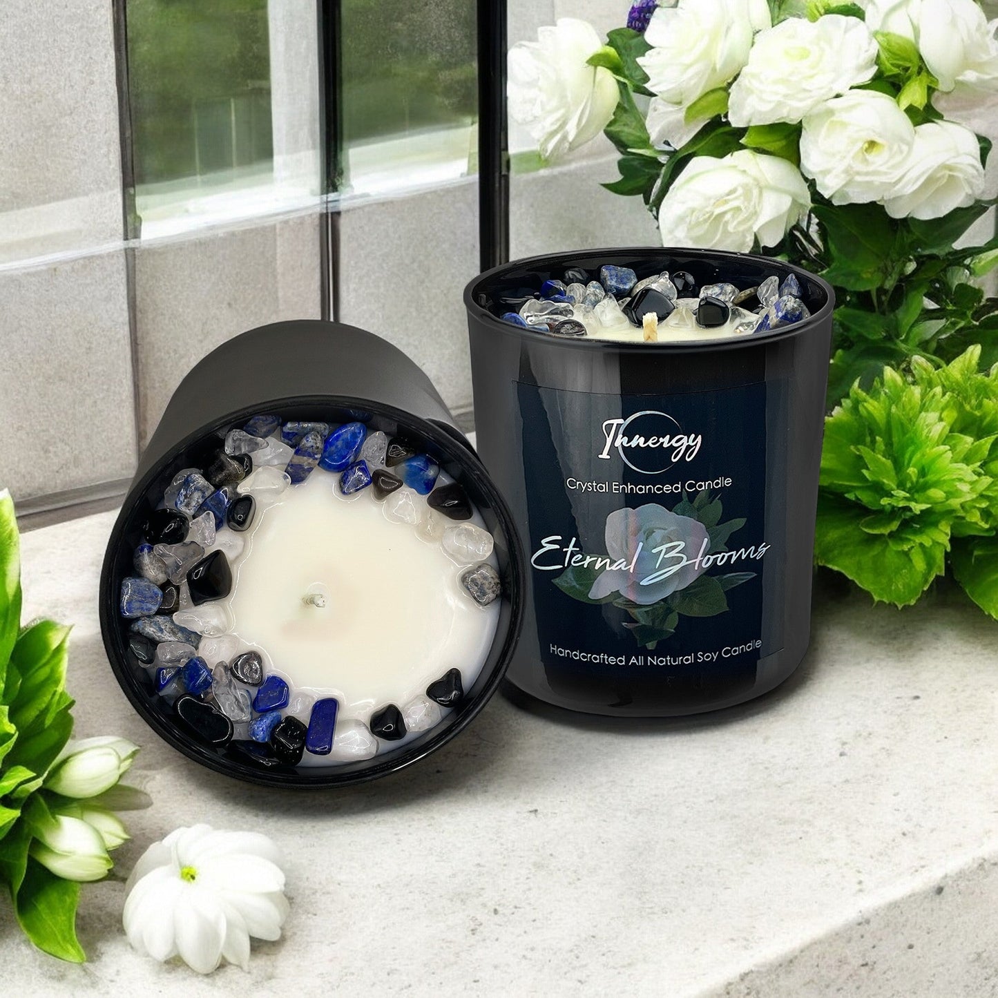 Eternal Blooms Crystal Candle with Black Obsidian, Lapis Lazuli, and Crystal Quartz | Coconut-Soy Wax Candle, 9oz - Tampa Home & Garden Store