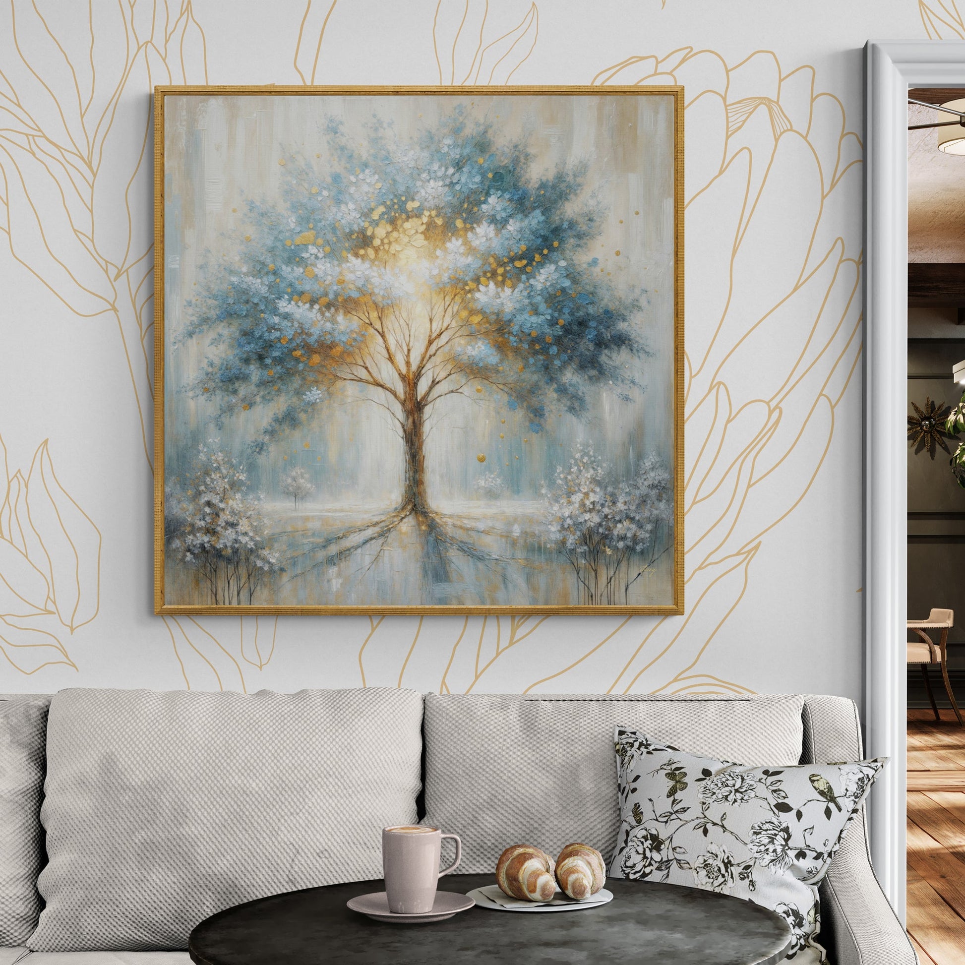 Canvas print Ethereal Arboretum by Tailored Canvases with blue gold abstract tree and wood frame on Tampa Home & Garden Store