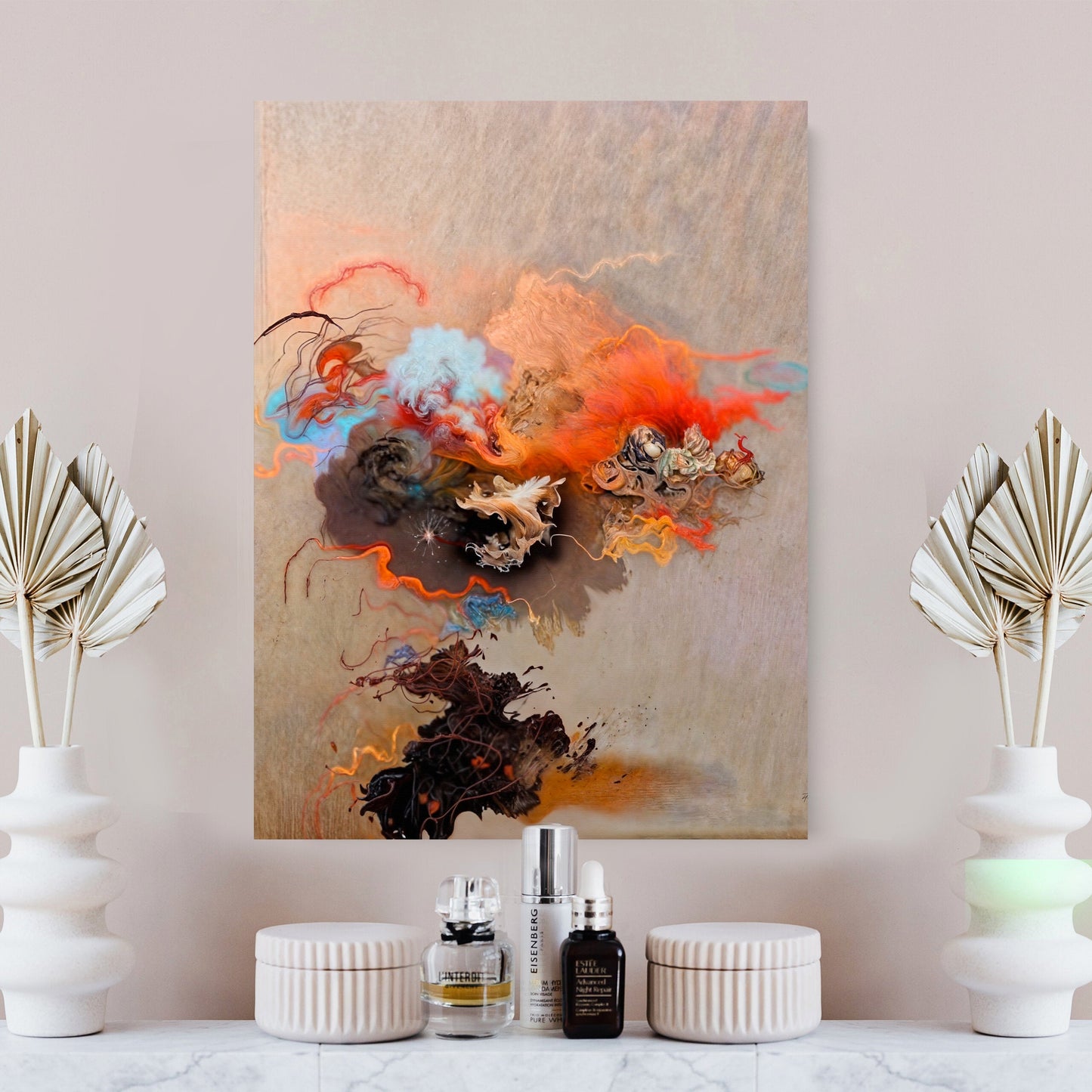 Canvas Print Ethereal Unfolding II with abstract fiery smoke on beige textured canvas on Tampa Home & Garden Store