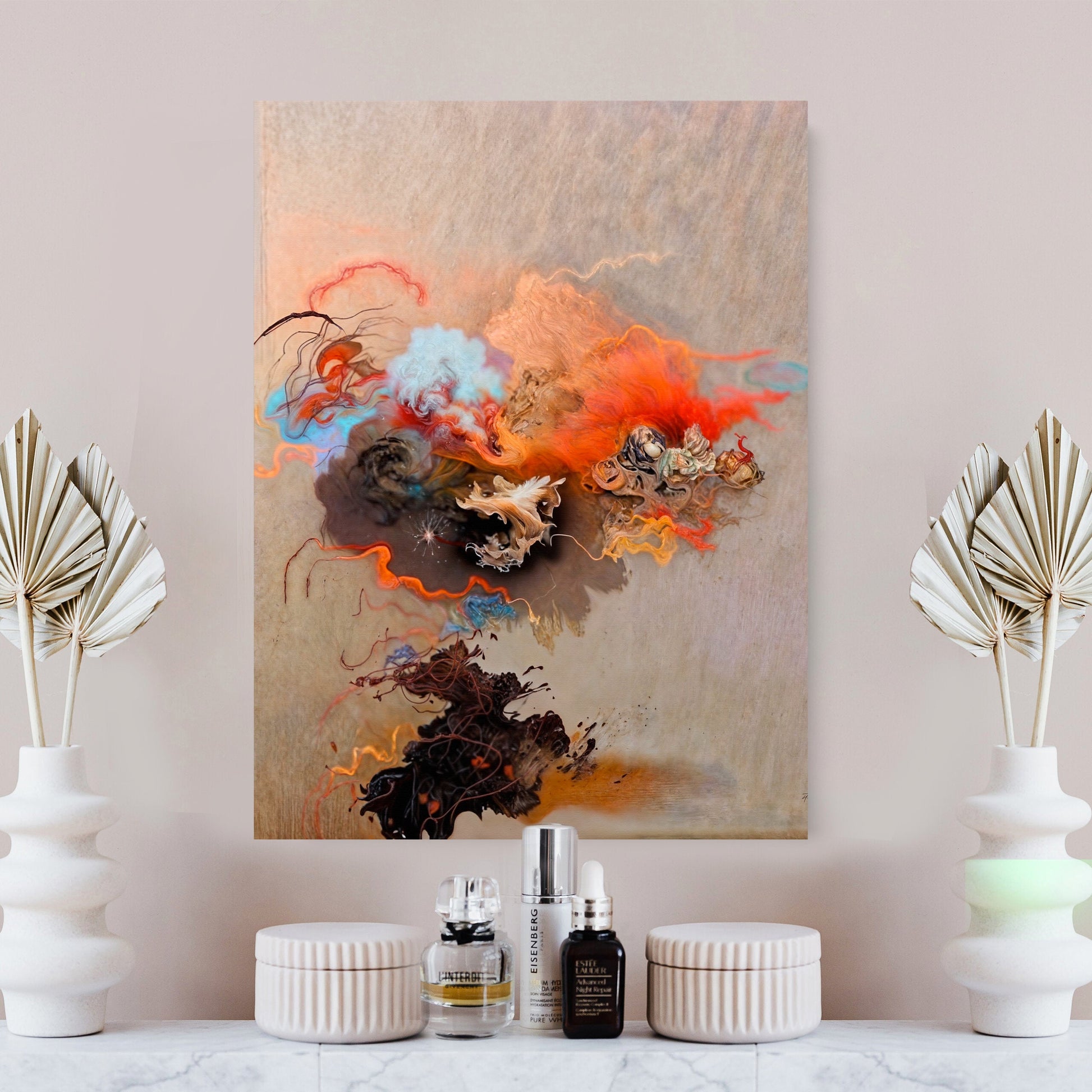 Canvas Print Ethereal Unfolding II with abstract fiery smoke on beige textured canvas on Tampa Home & Garden Store