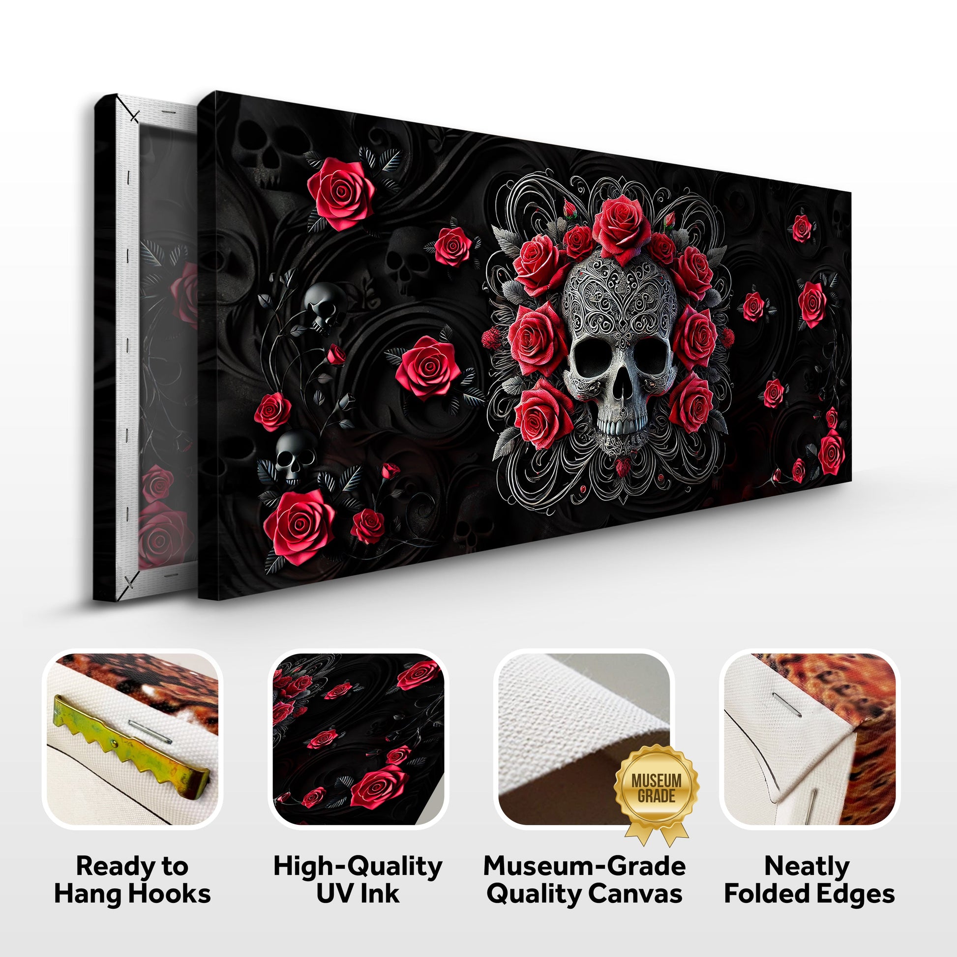 3D Vintage Skull Wall Art II canvas with red roses on black background Tailored Canvases on Tampa Home & Garden Store