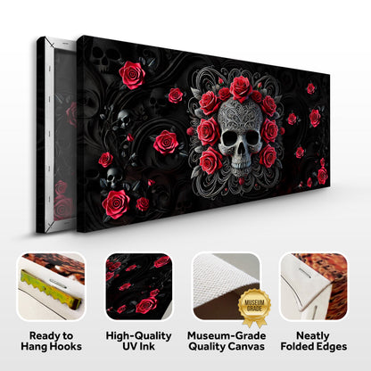 3D Vintage Skull Wall Art II canvas with red roses on black background Tailored Canvases on Tampa Home & Garden Store