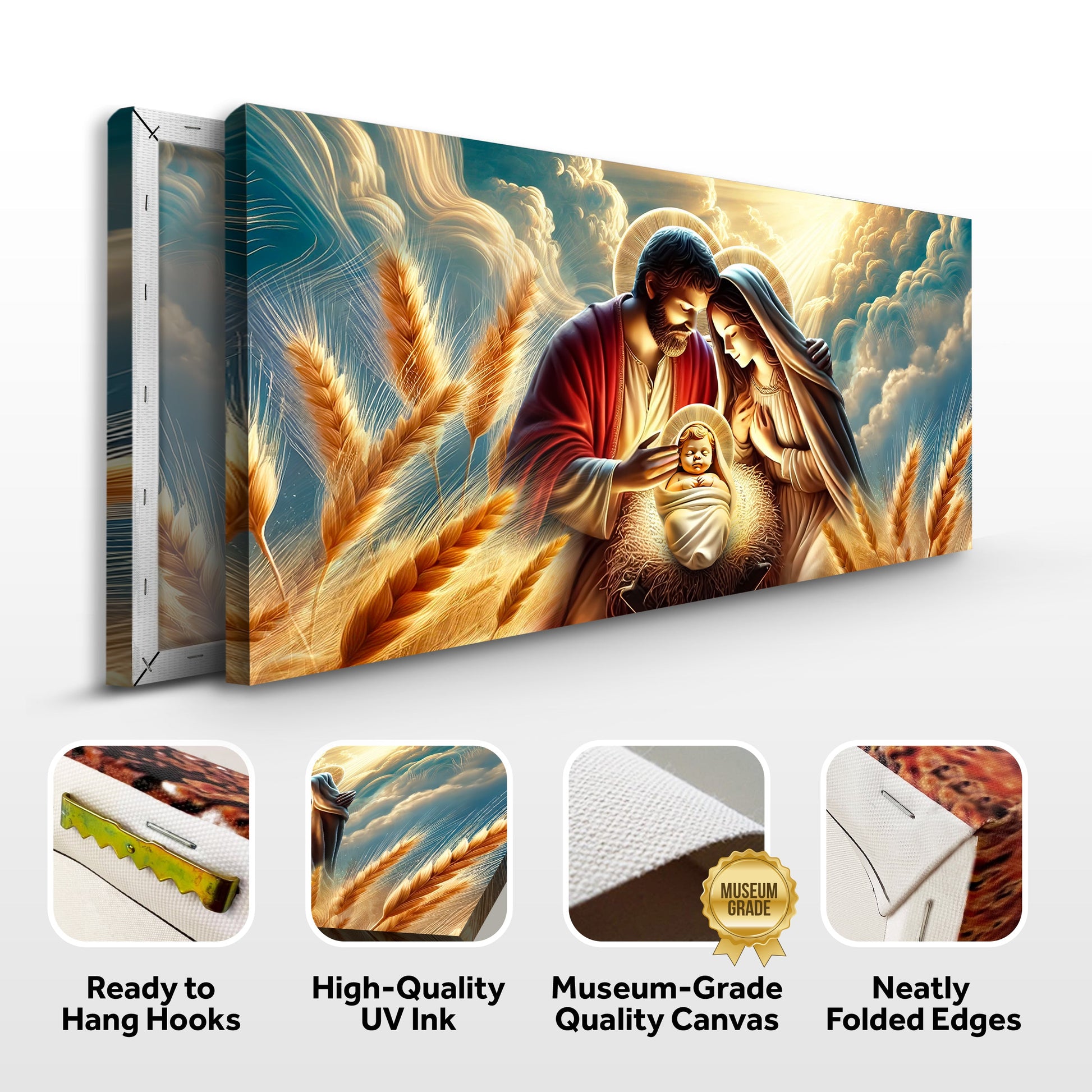 3D Faith Wall Art V canvas by Tailored Canvases Mary and baby Jesus among golden wheat under sky on Tampa Home & Garden Store
