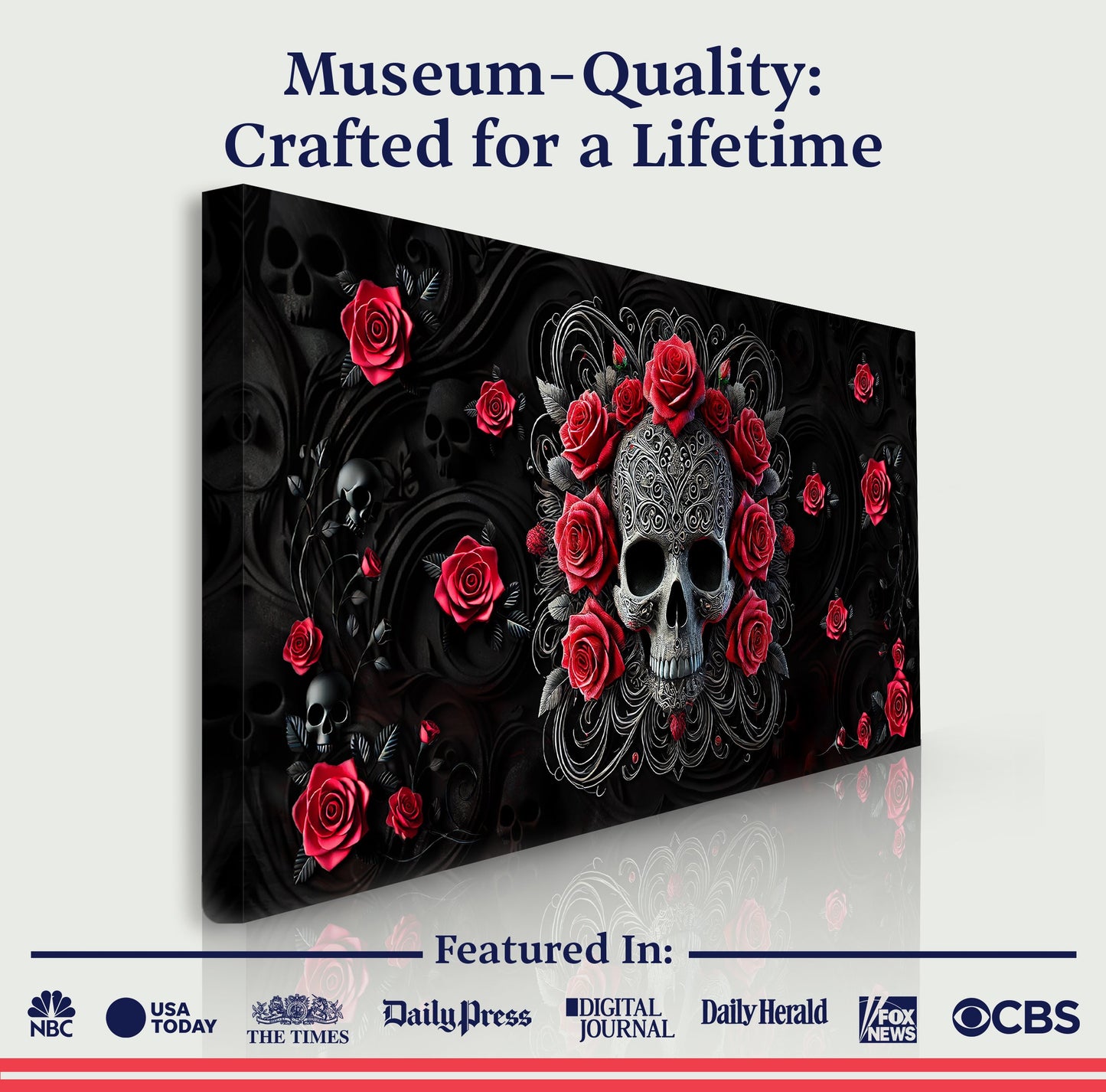 3D Vintage Skull Wall Art II canvas by Tailored Canvases with silver skull and red roses on black on Tampa Home & Garden Store