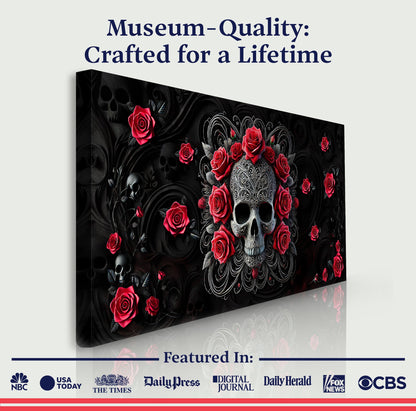 3D Vintage Skull Wall Art II canvas by Tailored Canvases with silver skull and red roses on black on Tampa Home & Garden Store