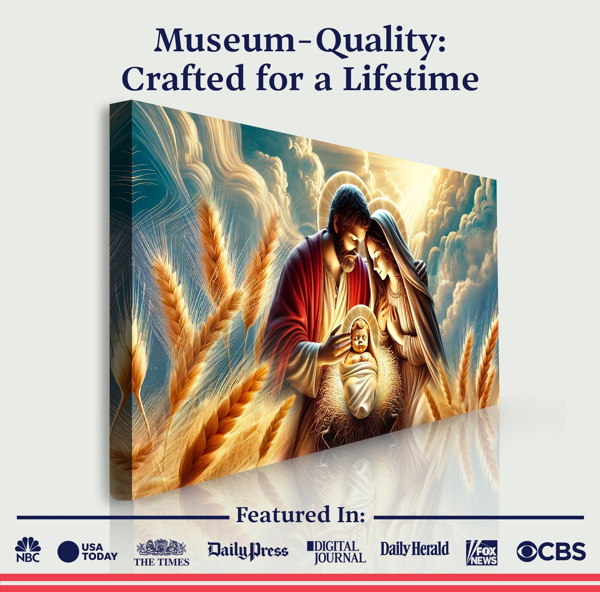 3D Faith Wall Art V canvas by Tailored Canvases featuring Mary, Jesus, Joseph with golden wheat on Tampa Home & Garden Store
