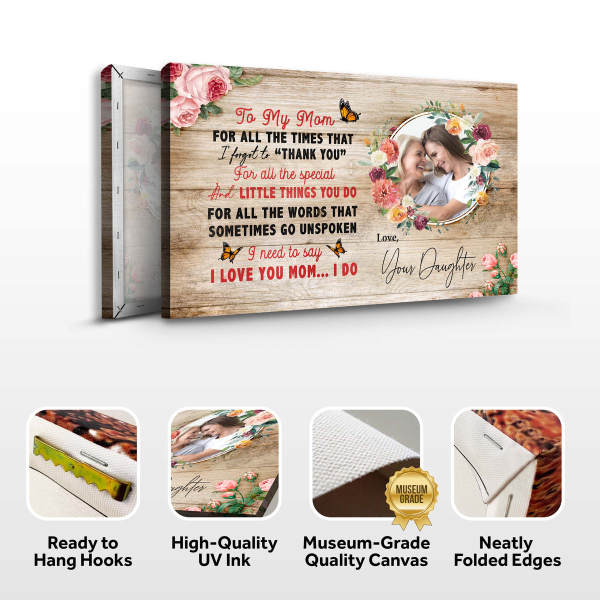Mother's Day canvas sign with wood-grain background and floral wreath Tailored Canvases crafting canvas on Tampa Home & Garden Store