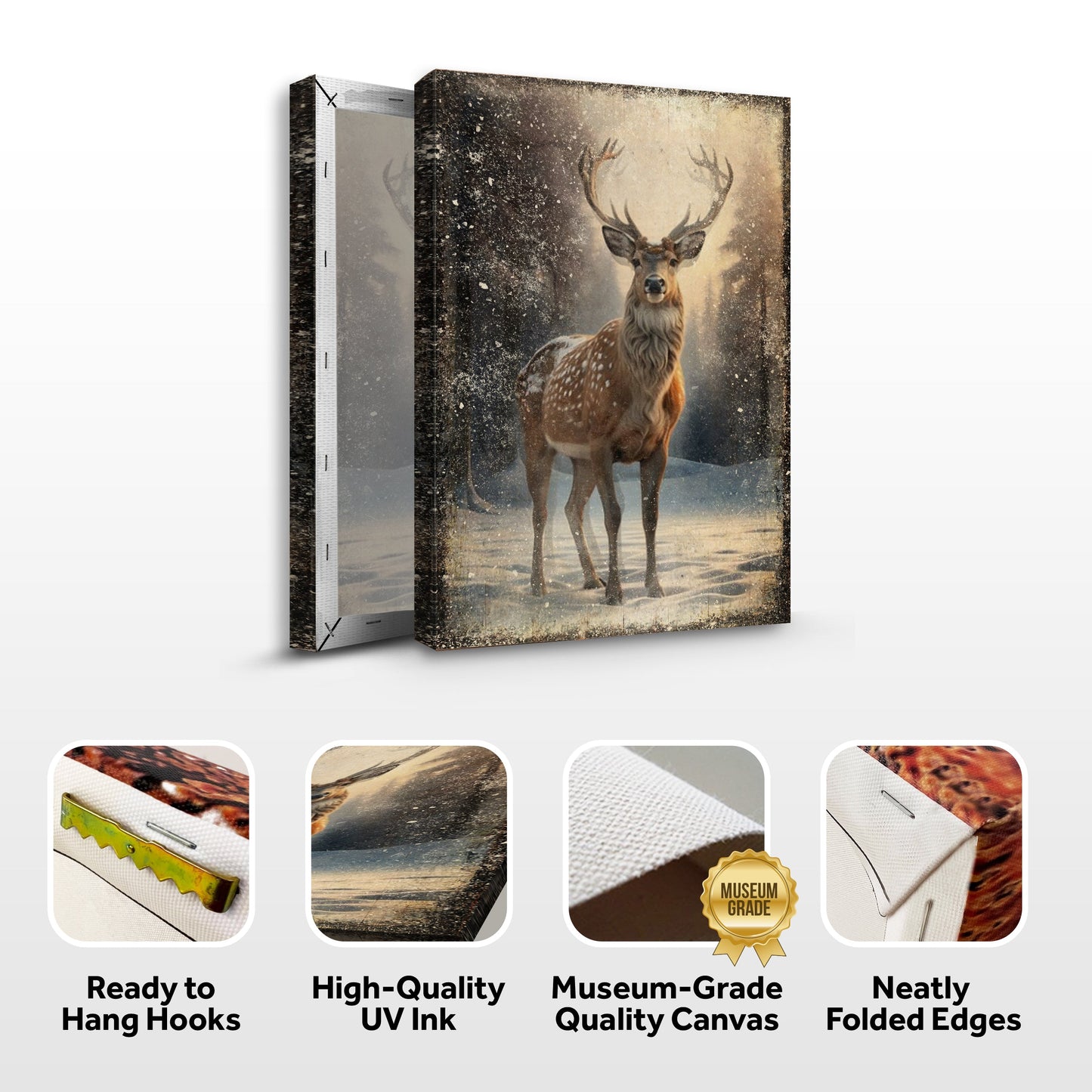 Winter Deer Christmas Wall Art IV canvas by Tailored Canvases, snowy scene with antique border on Tampa Home & Garden Store