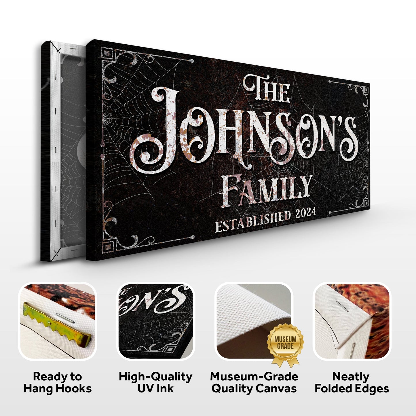 Personalized Gothic Sign canvas by Tailored Canvases, black with distressed white lettering on Tampa Home & Garden Store
