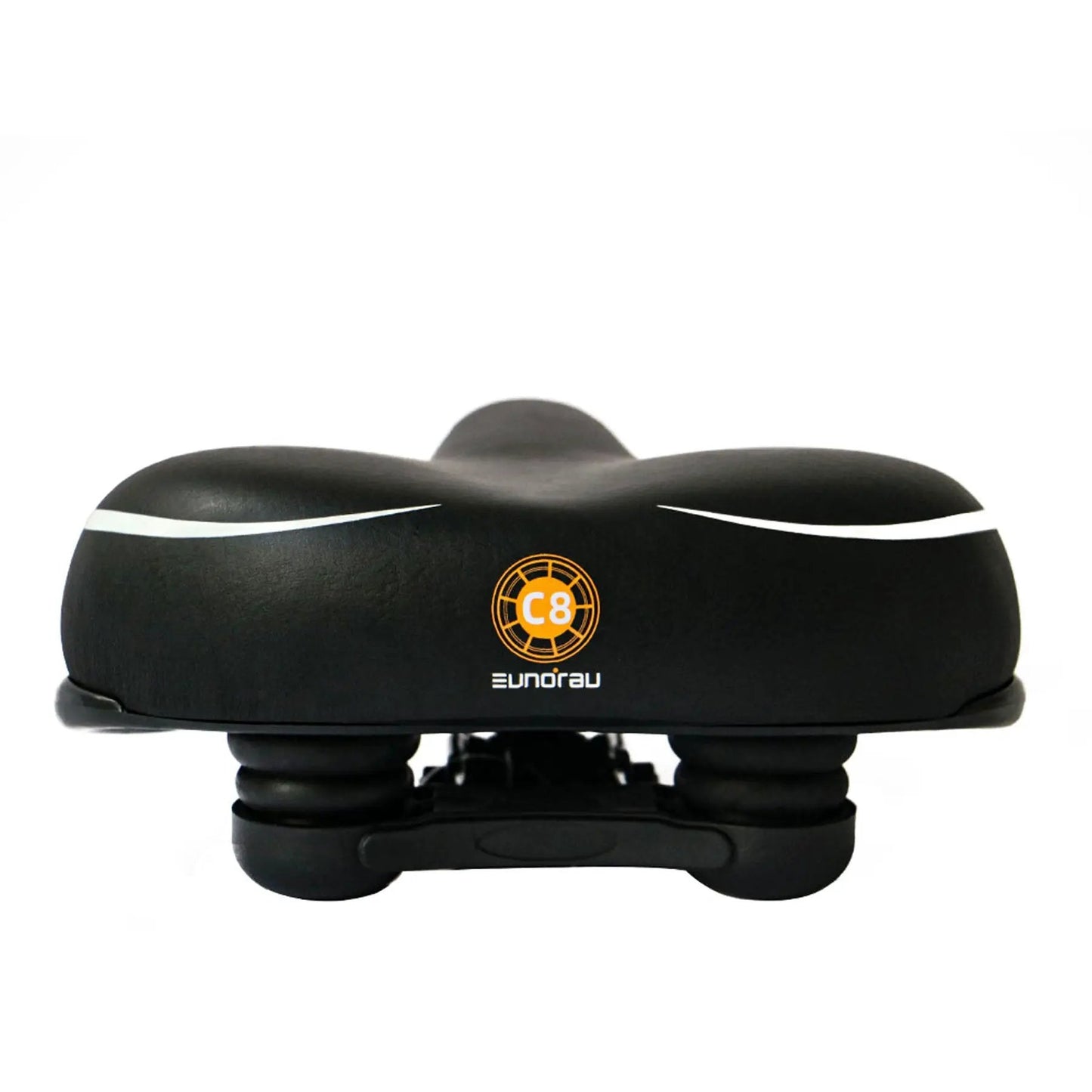 EUNORAU C8 bicycle saddle black with white side stripes and orange C8 logo, branded EUNORAU on Tampa Home & Garden Store