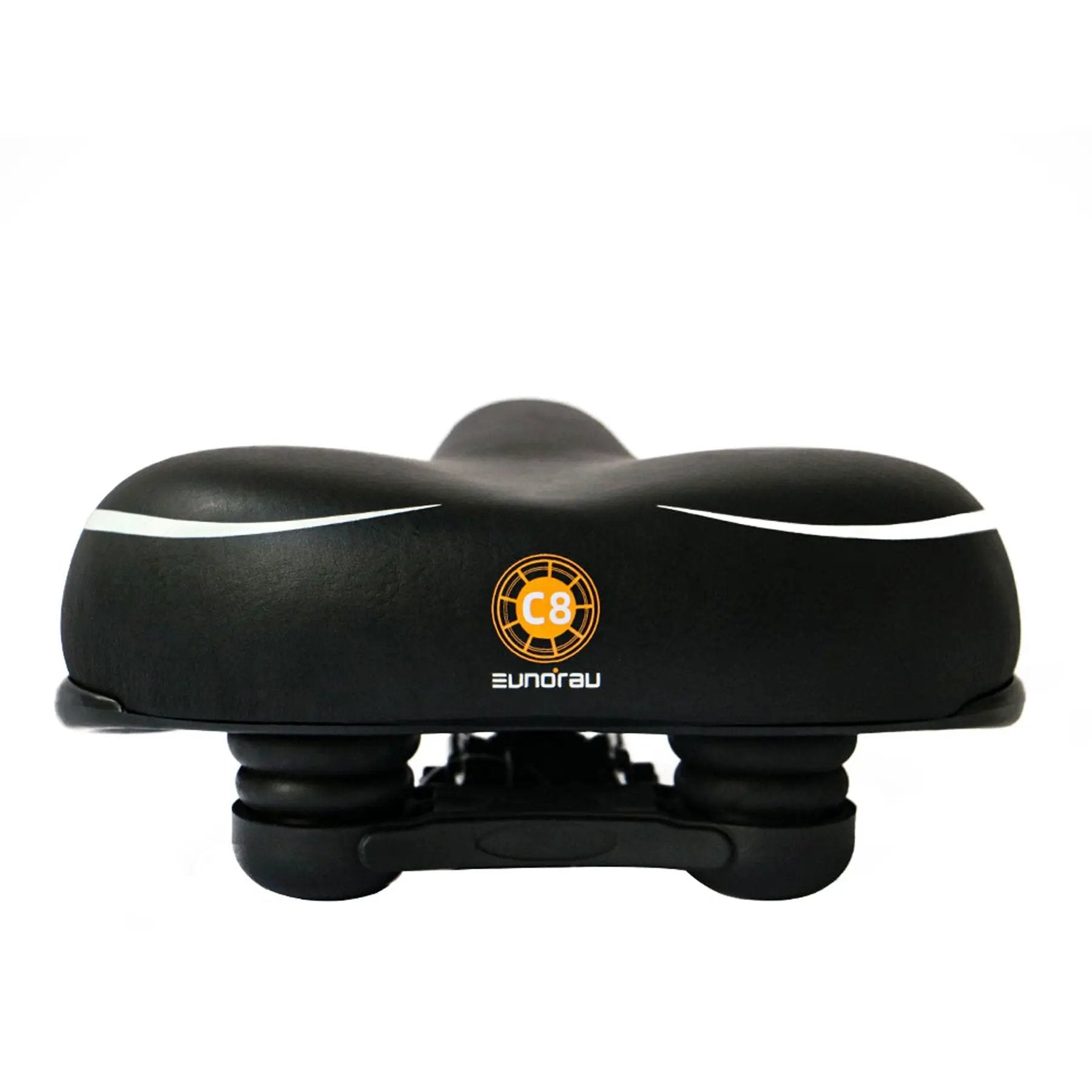 EUNORAU C8 bicycle saddle black with white side stripes and orange C8 logo, branded EUNORAU on Tampa Home & Garden Store