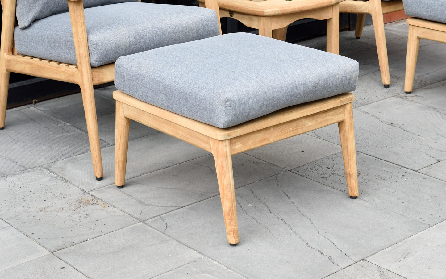 Eve FSC Teak Outdoor Conversation Set Cushions gray fabric on teak frames LifestyleGarden on Tampa Home & Garden Store