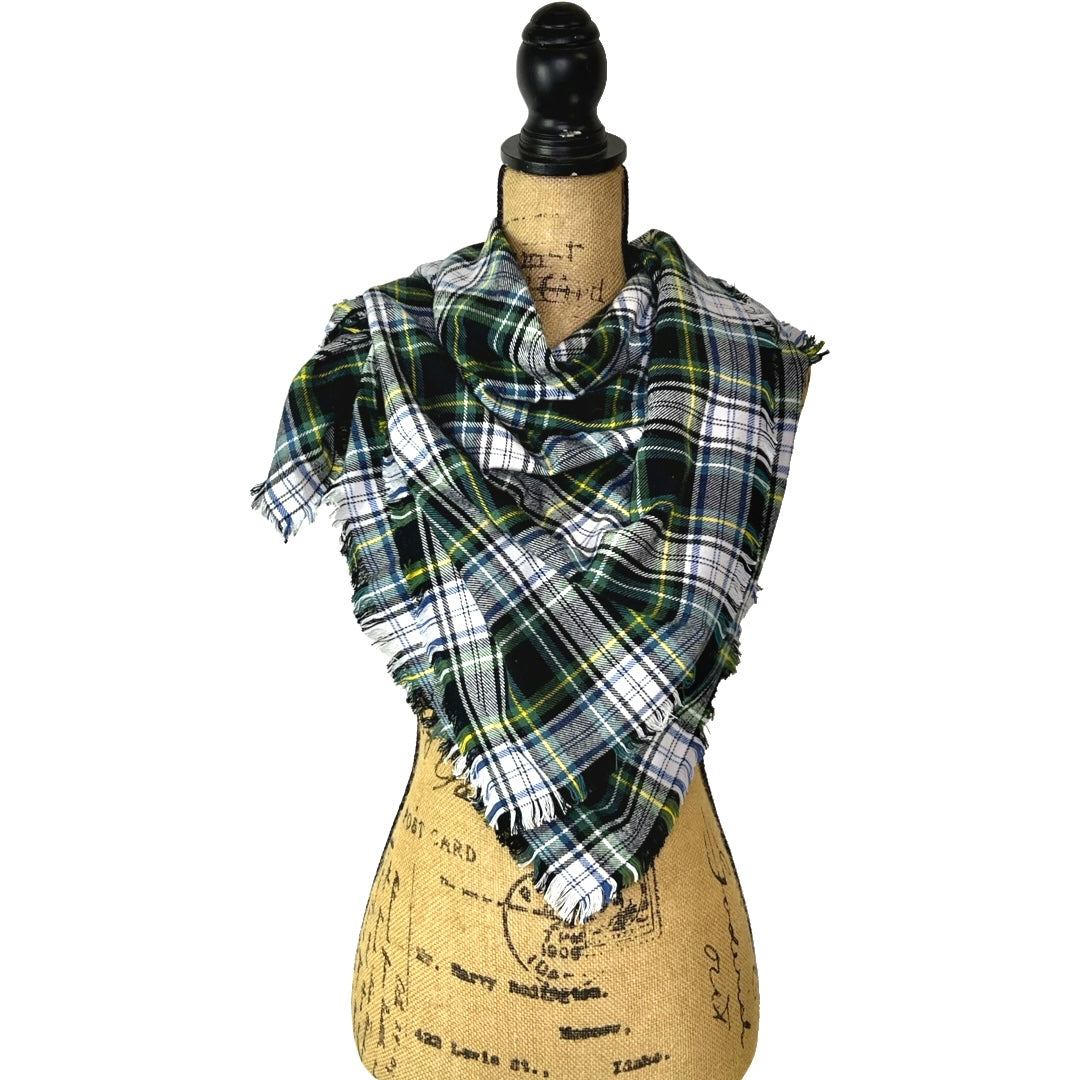 Evergreen, Black, White, Dusty Blue and Yellow Tartan Plaid Flannel Infinity or Blanket Scarf - Tampa Home & Garden Store