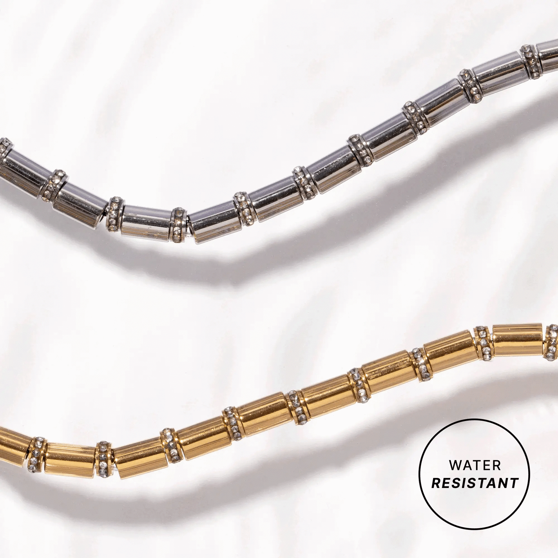 Tube Bead and Crystal Chain Bracelet by ALEX AND ANI, two-tone with crystal spacers set of 2 on Tampa Home & Garden Store