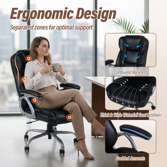 Executive Office Chair Leather Ergonomic Computer Desk Chair with Padded Seat and Armrests - Tampa Home & Garden Store