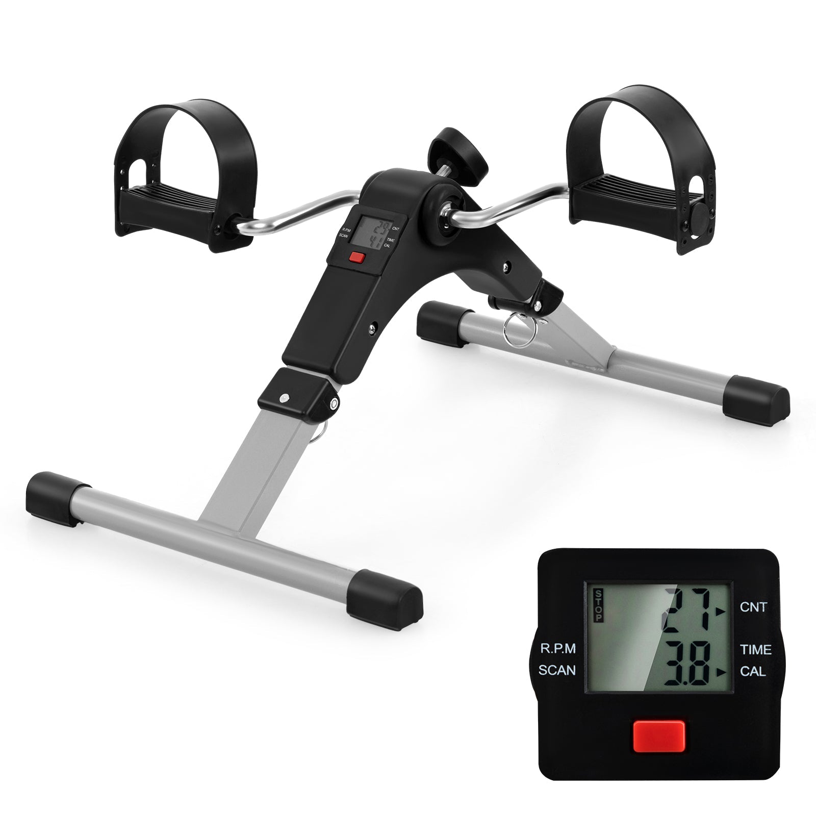 Under desk pedal exerciser DirectDeals with LCD display, black pedals, silver frame on Tampa Home & Garden Store