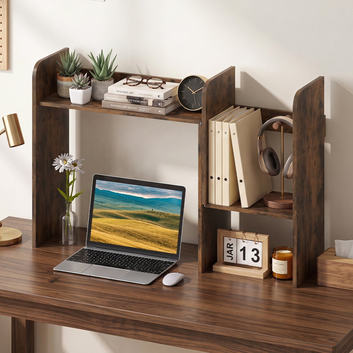Expandable desktop bookshelf with open storage cubes in dark wood; holds books, clock on Tampa Home & Garden Store