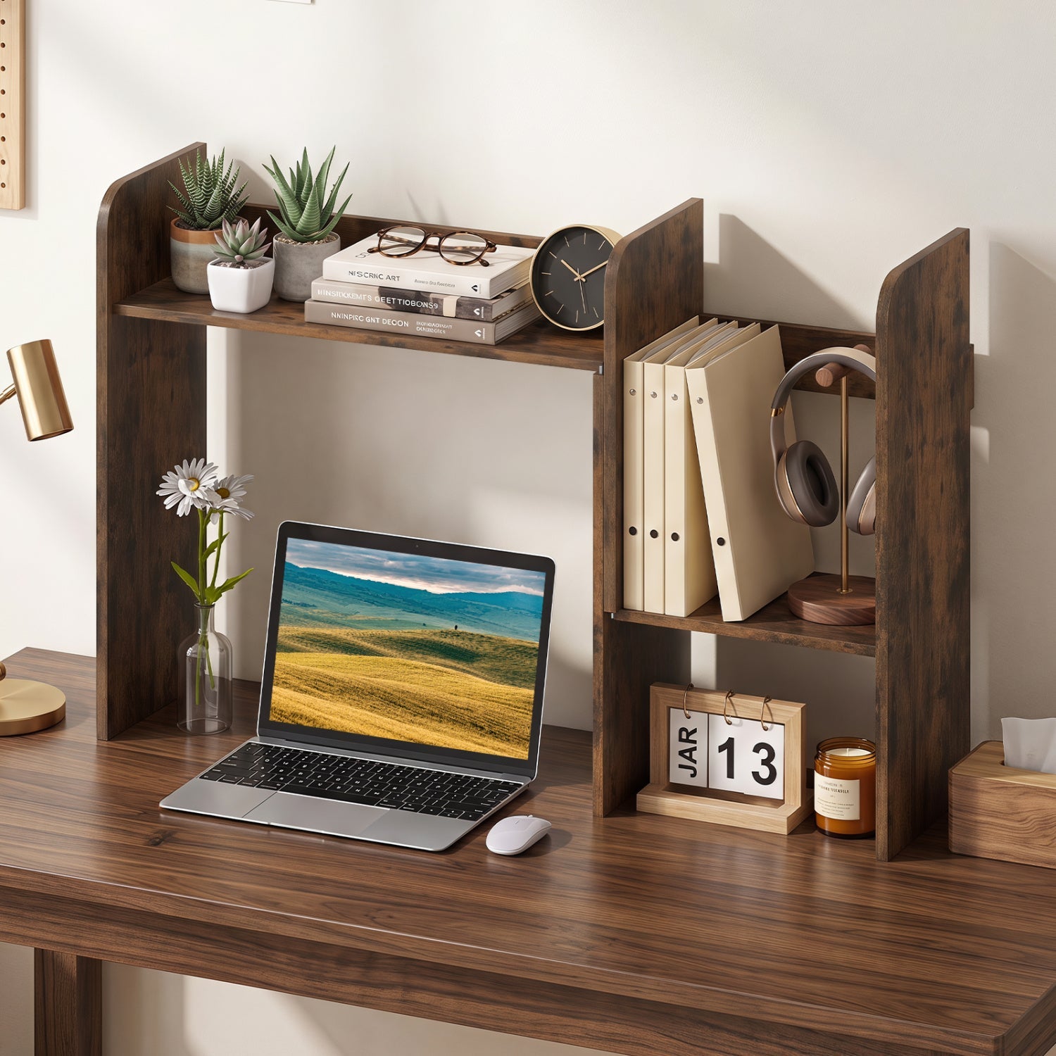 Expandable desktop bookshelf with open storage cubes in dark wood; holds books, clock on Tampa Home & Garden Store