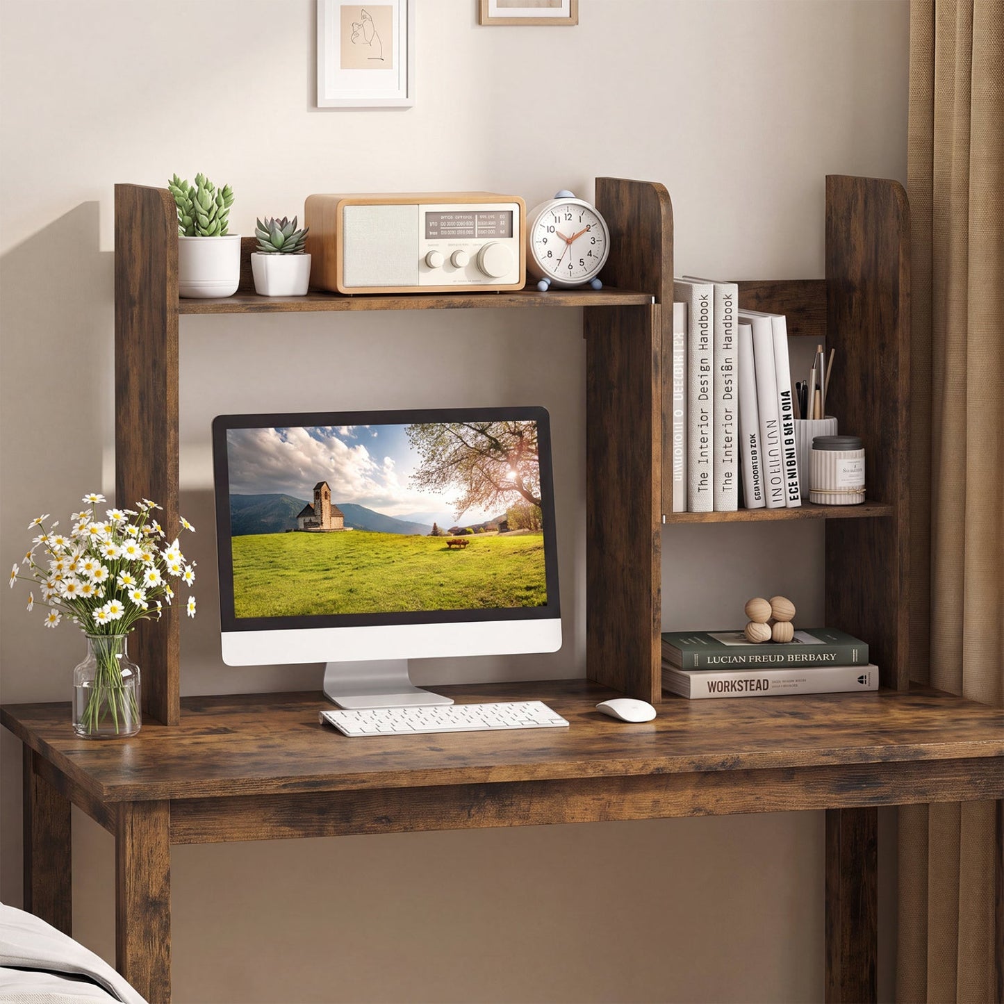 Expandable Desktop Bookshelf organizer in dark wood with open storage cubes DirectDeals on Tampa Home & Garden Store