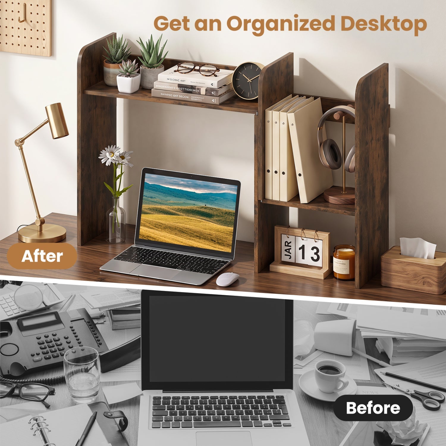 Expandable Desktop Bookshelf with Storage Cubes desk organizer in dark wood by DirectDeals on Tampa Home & Garden Store