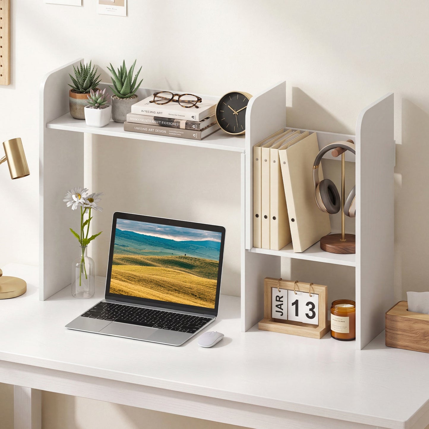 Expandable Desktop Bookshelf with Open Storage Cubes organizer in white with binders on Tampa Home & Garden Store