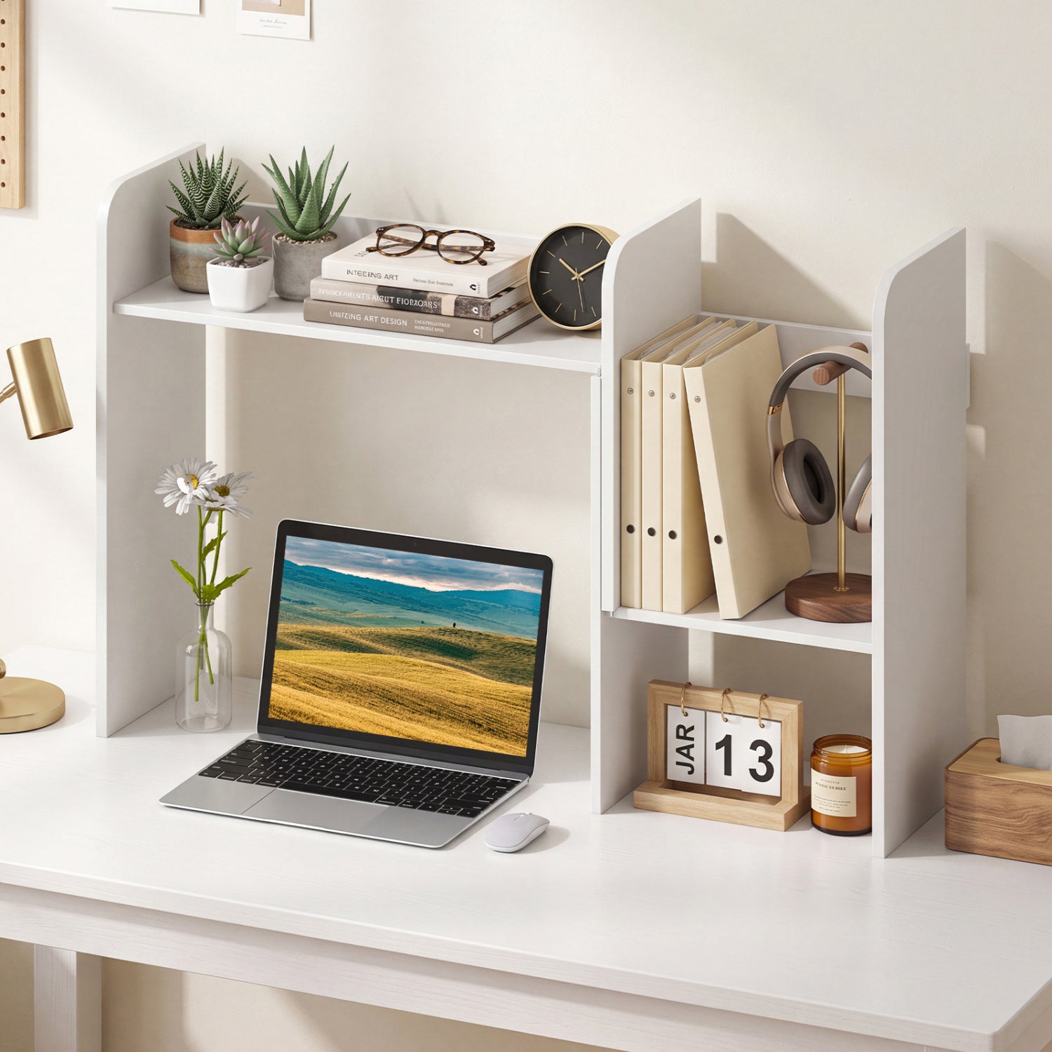 Expandable Desktop Bookshelf with Open Storage Cubes organizer in white with binders on Tampa Home & Garden Store