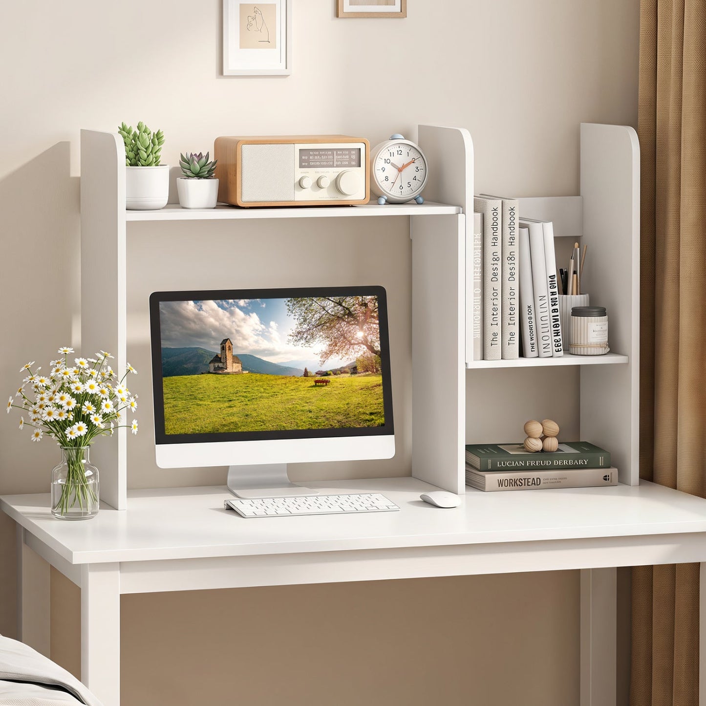 Expandable Desktop Bookshelf desk organizer in white with open cubes and succulents on Tampa Home & Garden Store