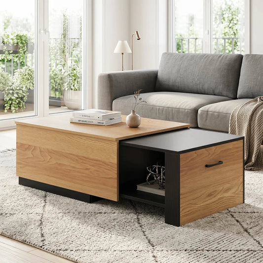 DirectDeals extendable coffee table with hidden storage, light oak finish with black base on Tampa Home & Garden Store