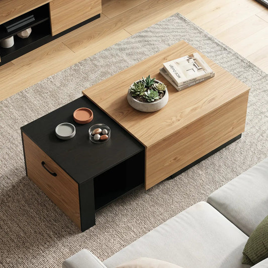 Extendable coffee table by DirectDeals with hidden storage, natural wood finish and black base on Tampa Home & Garden Store