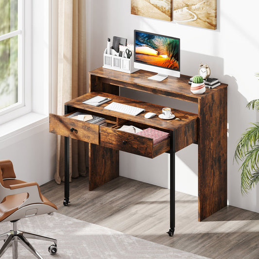 Extendable Computer Desk with 2 Storage Drawers Convertible Home Office Rolling Study Writing Desk-Rustic Brown - Tampa Home & Garden Store