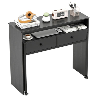 Extendable Computer Desk with 2 Storage Drawers Convertible Home Office Rolling Study Writing Desk-Rustic Brown