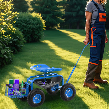 Carro de jardín con asiento rodante y manija extensible - Azul