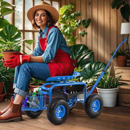 Carro de jardín con asiento rodante y manija extensible - Azul