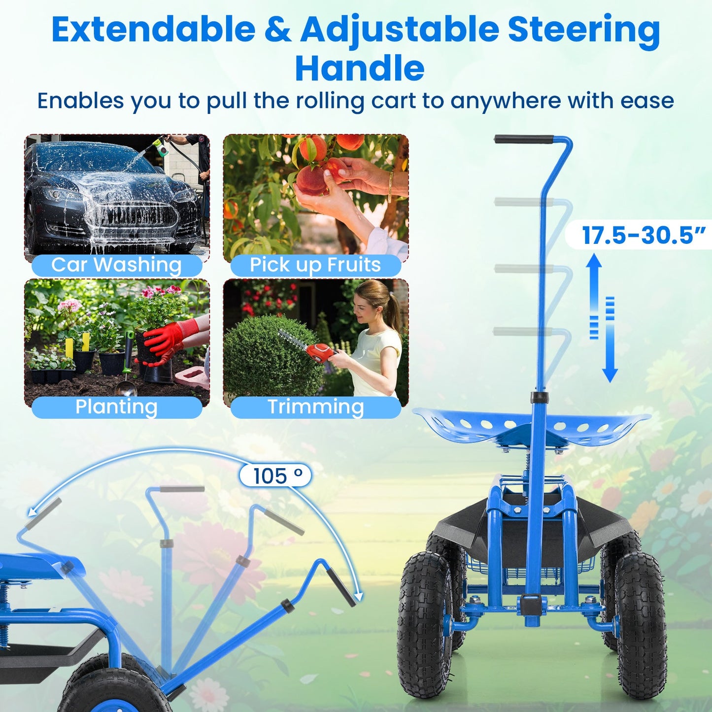 Carro de jardín con asiento rodante y manija extensible - Azul