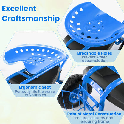 Carro de jardín con asiento rodante y manija extensible - Azul