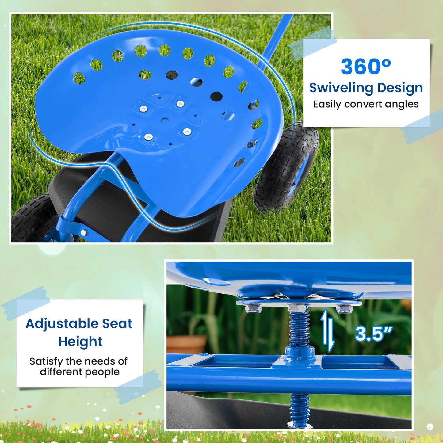 Carro de jardín con asiento rodante y manija extensible - Azul