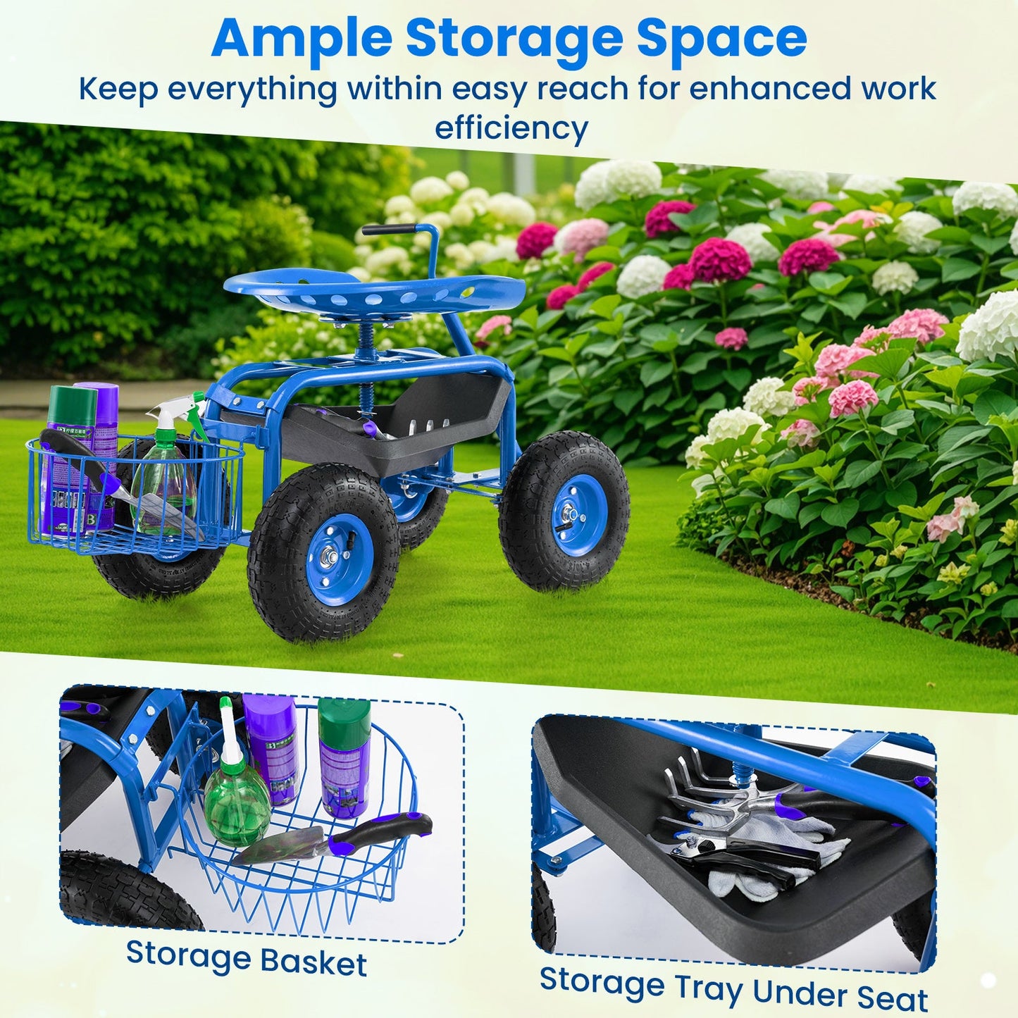 Carro de jardín con asiento rodante y manija extensible - Azul
