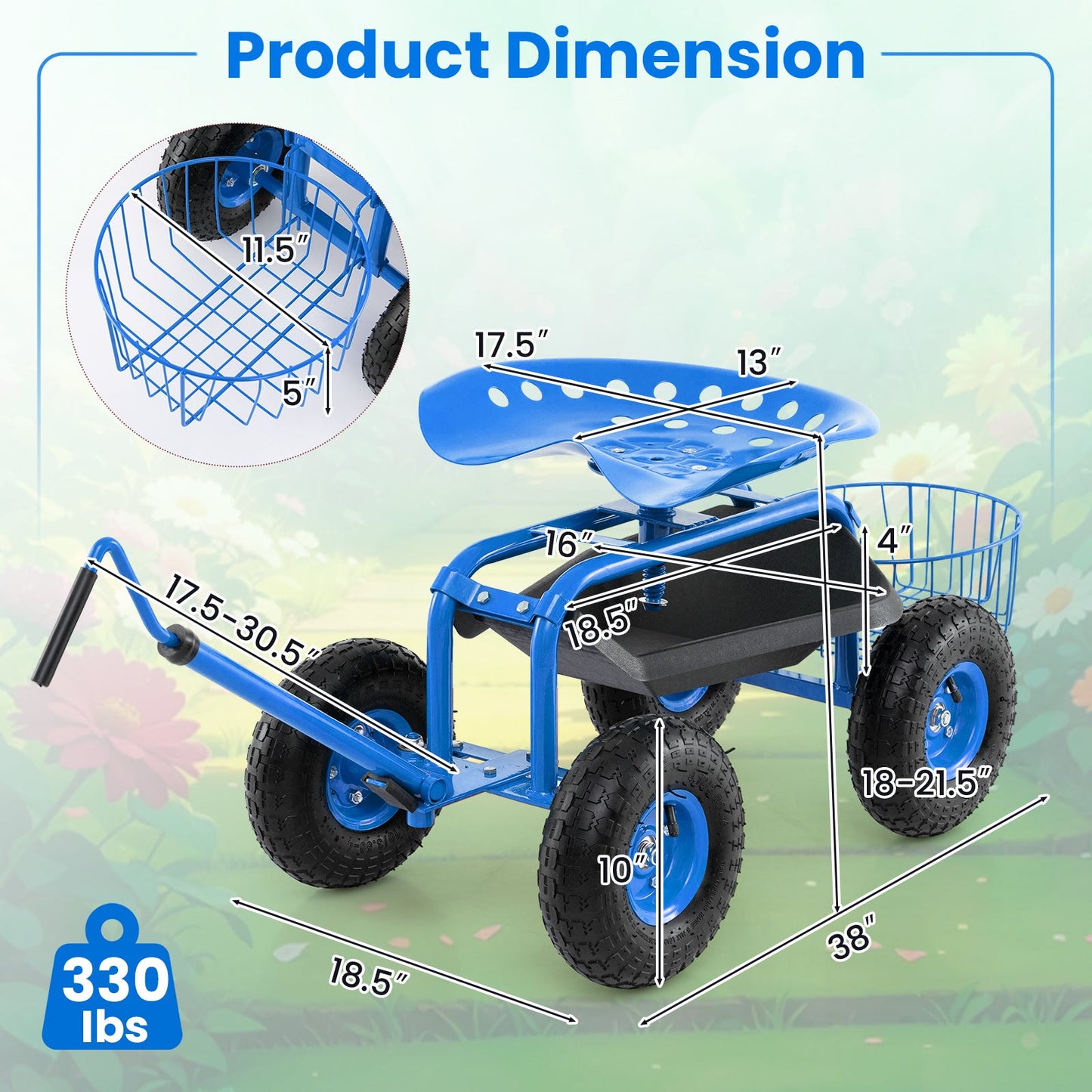 Carro de jardín con asiento rodante y manija extensible - Azul