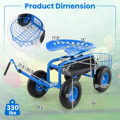 Carro de jardín con asiento rodante y manija extensible - Azul