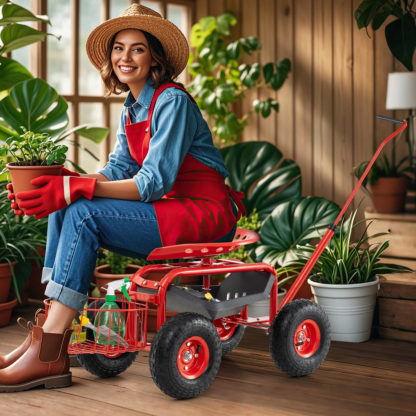 Carrito de jardín rodante con manija extensible - Rojo