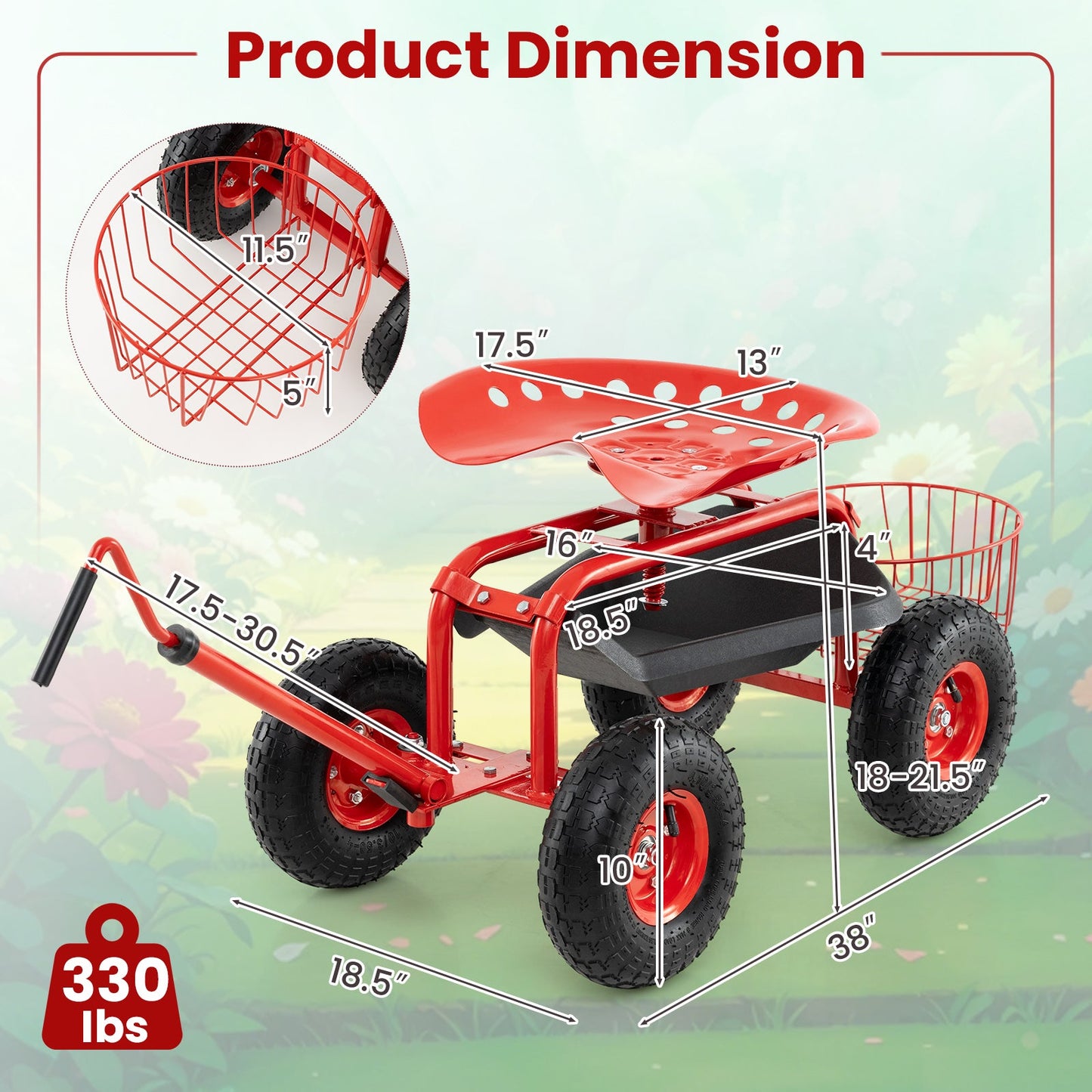 Carrito de jardín rodante con manija extensible - Rojo