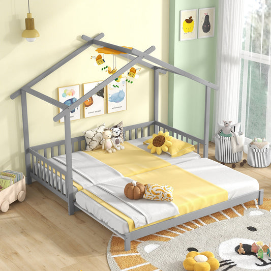 Extendable House Bed Twin to King Daybed with Roof and Fence Rails-Gray - Tampa Home & Garden Store