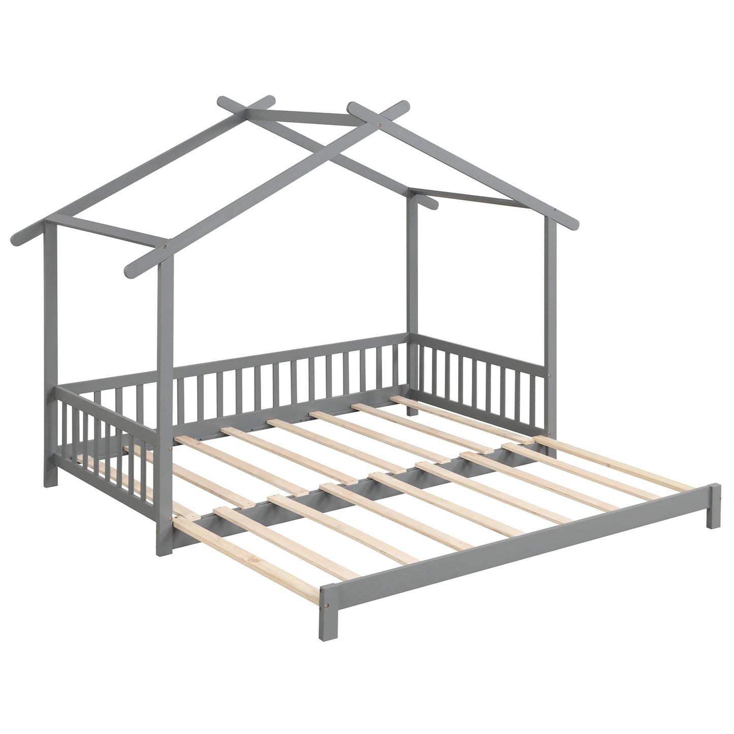 Cama Casita Extensible de Día Individual a King con Techo y Barandillas de Valla - Gris