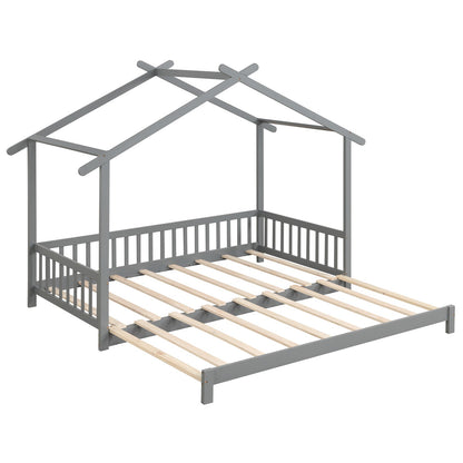 Cama Casita Extensible de Día Individual a King con Techo y Barandillas de Valla - Gris