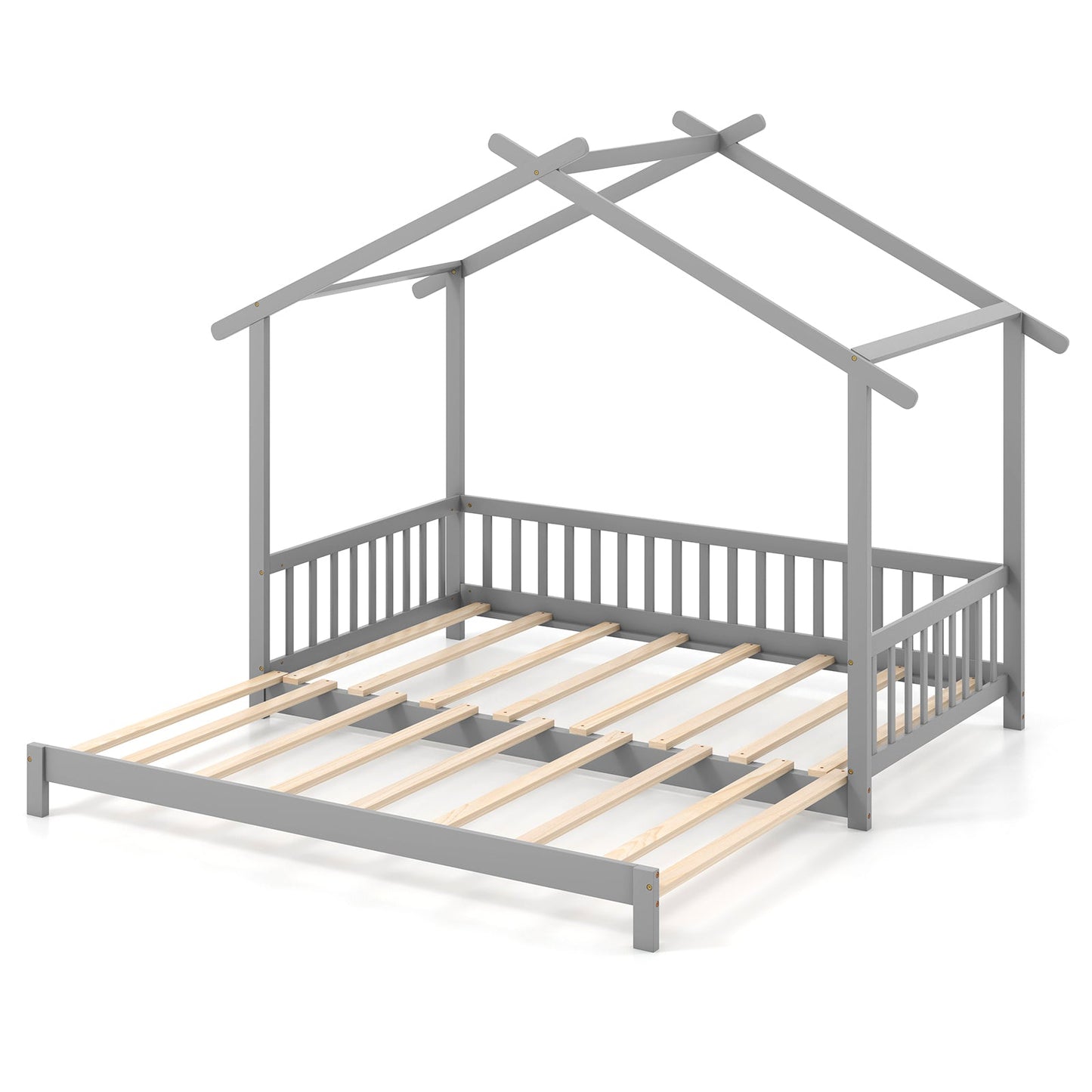 Cama Casita Extensible de Día Individual a King con Techo y Barandillas de Valla - Gris