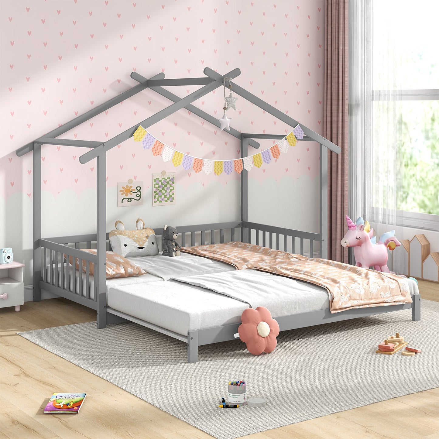 Cama Casita Extensible de Día Individual a King con Techo y Barandillas de Valla - Gris