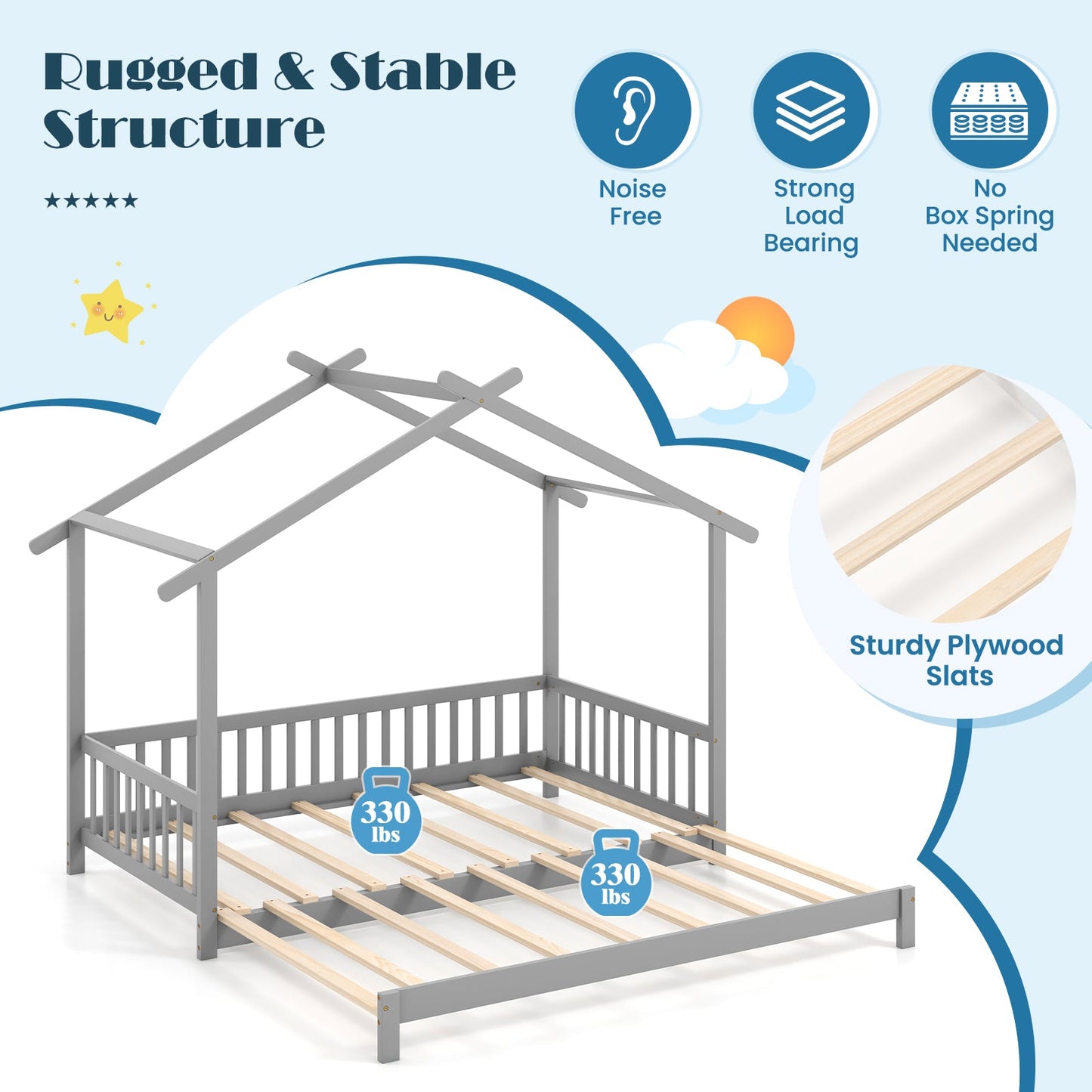 Cama Casita Extensible de Día Individual a King con Techo y Barandillas de Valla - Gris