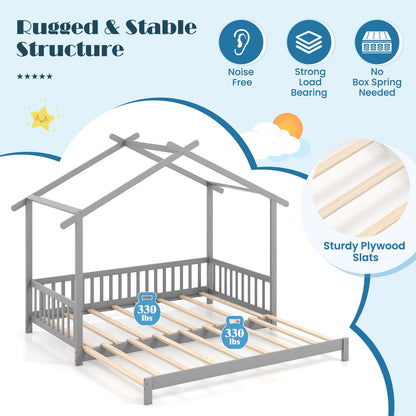 Cama Casita Extensible de Día Individual a King con Techo y Barandillas de Valla - Gris